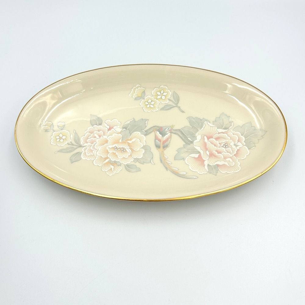 VTG Lenox Floral Bird Oval Serving Platter Cream Gold Trim Chinoiserie USA 9.5in - Picture 1 of 11